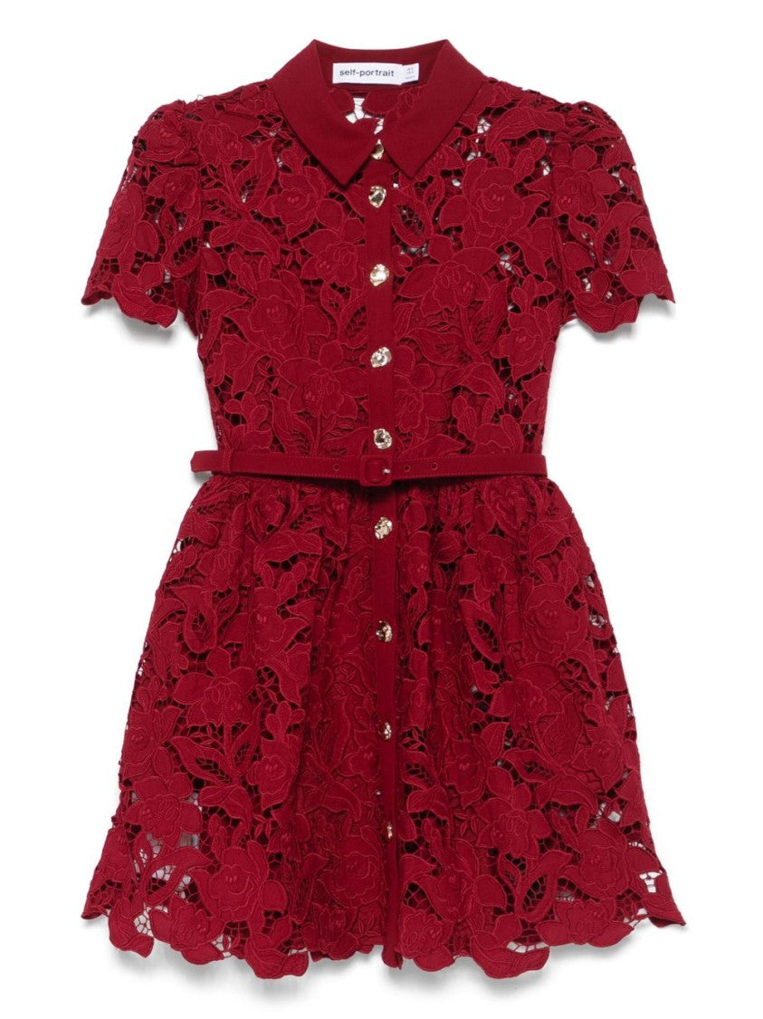 Self-Portrait Burgundy Mini Dress With Lace Collar