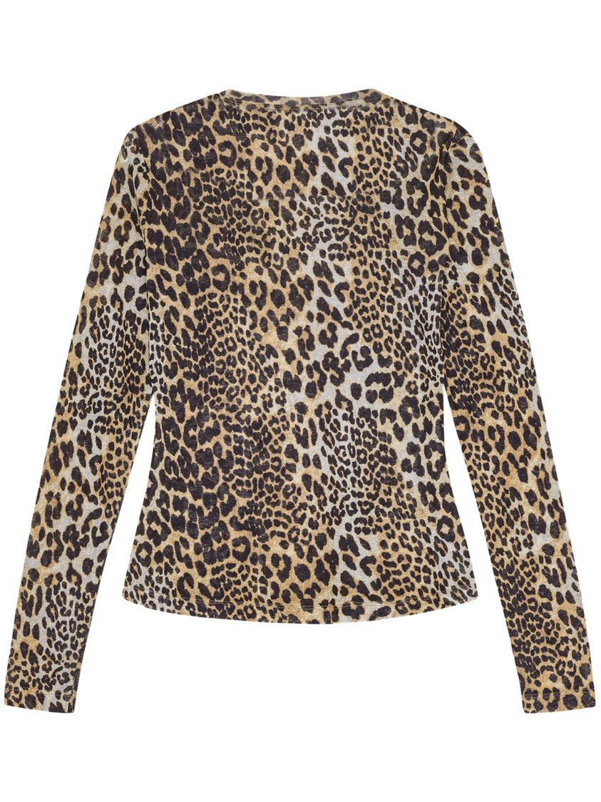 Ganni Leopard Print Long Sleeve Top With Textured Finish