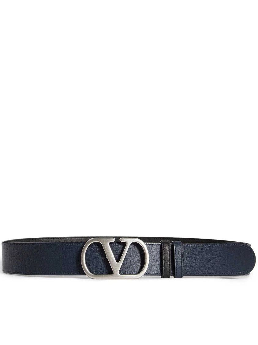 Valentino Black/Navy Reversible Silver-Tone Logo Buckle Belt
