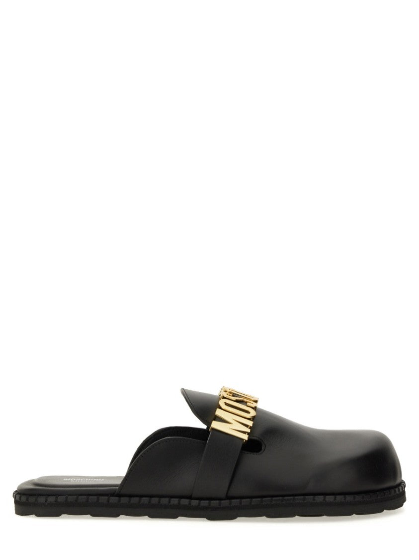 Moschino Black Leather Sandal With Bold Logo