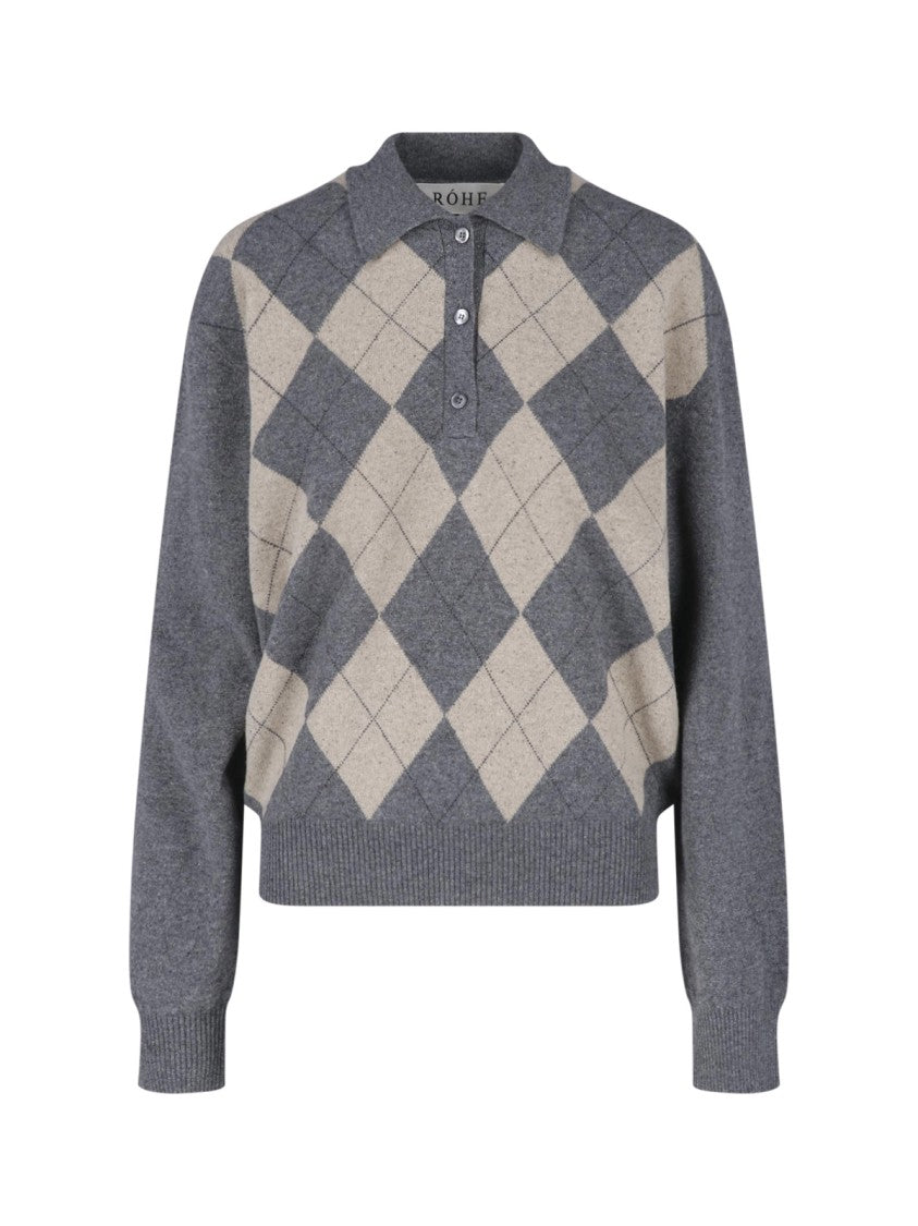 Róhe Wool Blend Polo With Classic Collar And Argyle Pattern