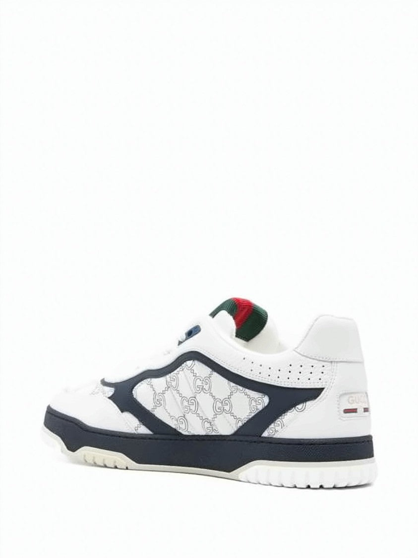 Gucci Low-Profile White Leather Sneakers With Navy Overlays And Monogram Side Panel