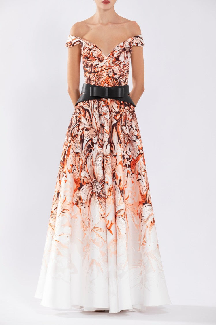 Saiid Kobeisy Mikado Printed Dress With Off-Shoulder Sleeves