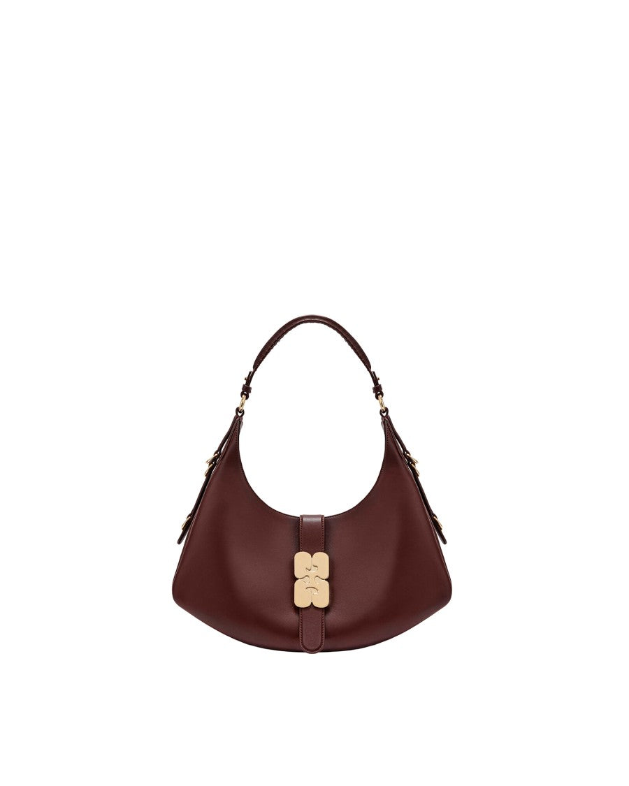 Ganni Soft Pleated Brown Shoulder Bag With D-Ring Details