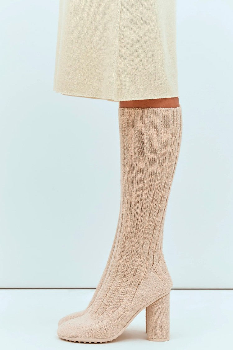 Bottega Veneta Beige Ribbed-Knit Knee-High Wool-Blend Boots