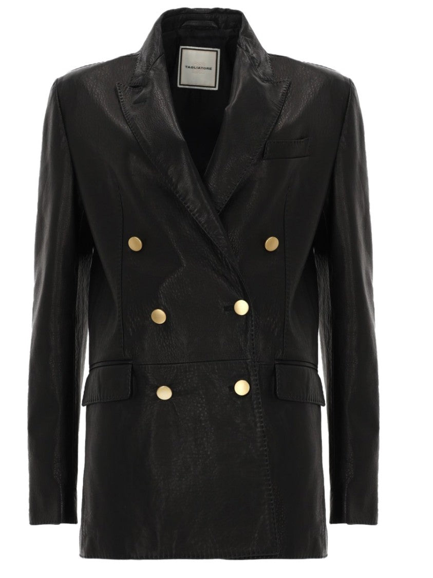 Tagliatore Black Double-Breasted Lamb Leather Blazer