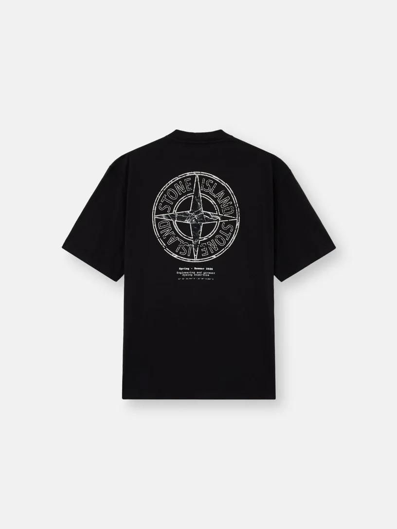 Stone Island Black Cotton T-Shirt With Signature Graphics