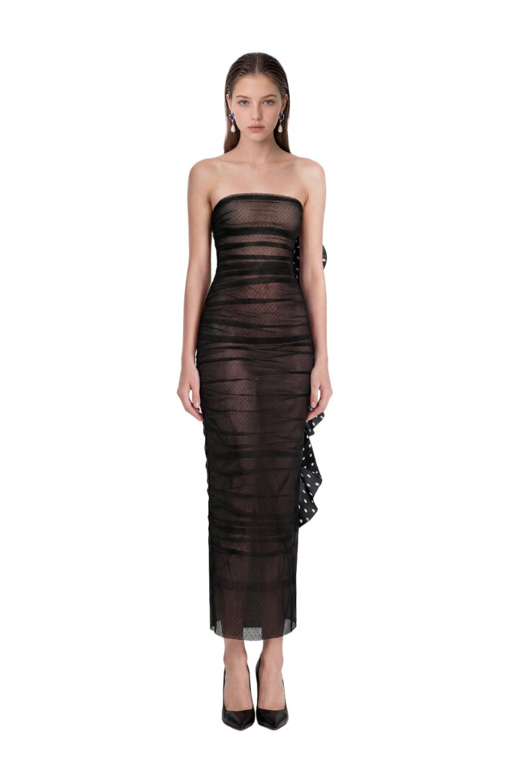 Saiid Kobeisy Fitted Sheer Dotted Midi Dress With Cascading Ruffle Detail