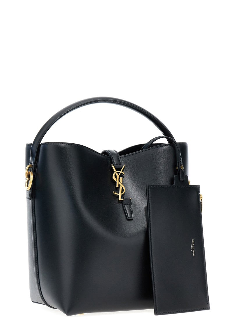 Saint Laurent Structured Black Calfskin Handbag With Metal Logo Closure