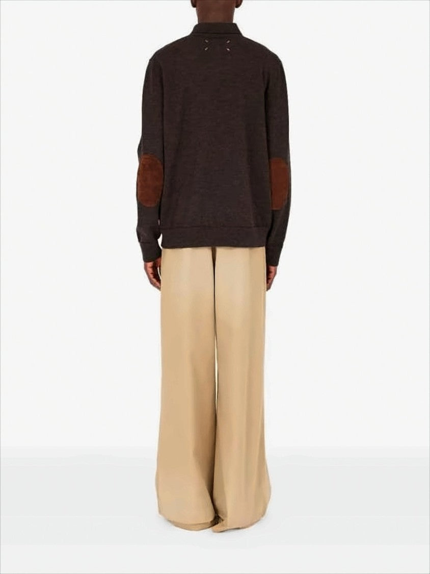 Maison Margiela Dark Brown Wool Knit Polo Sweater With Suede Elbow Patches