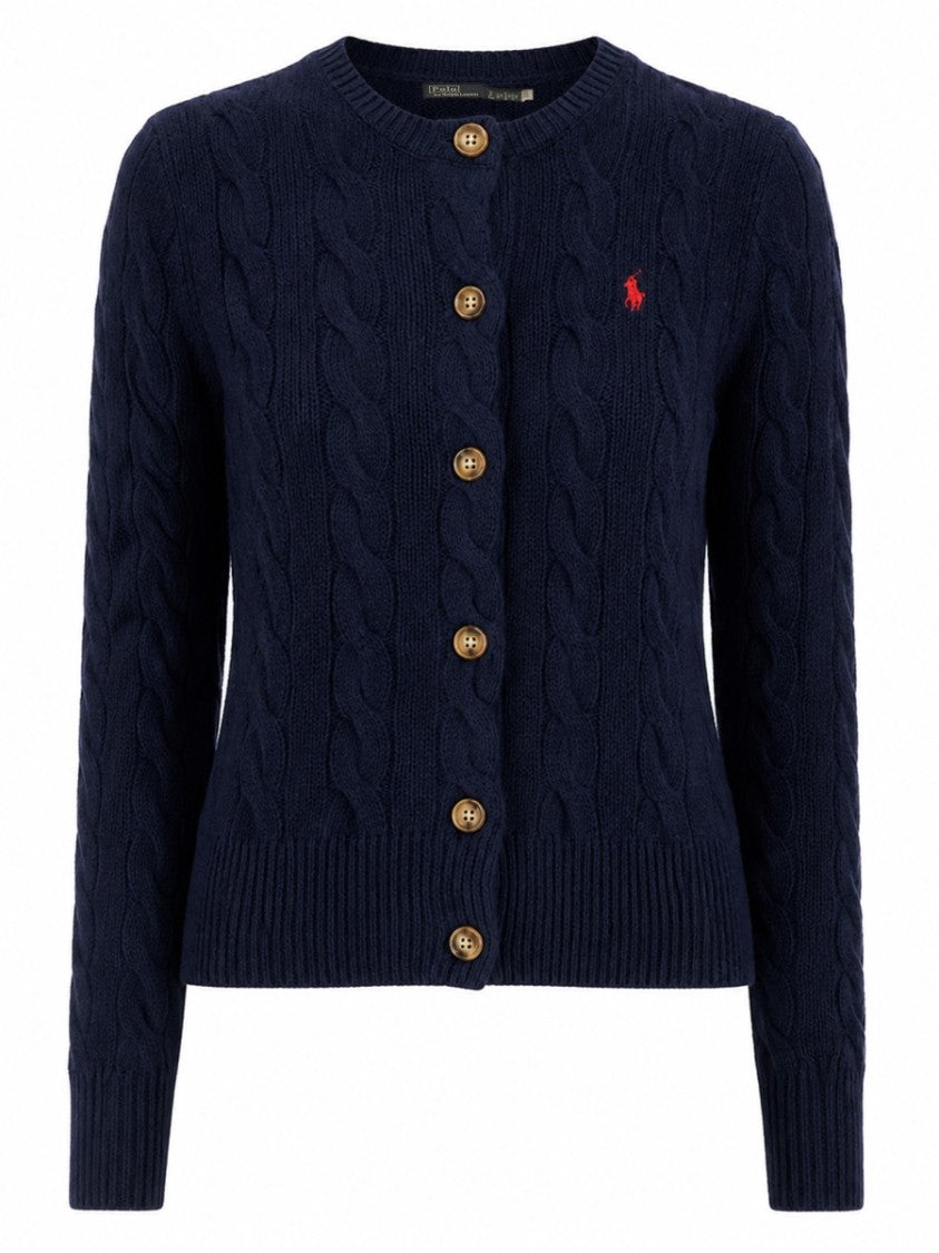 Polo Ralph Lauren Cable Knit Cardigan With Embroidered Logo And Wooden Buttons