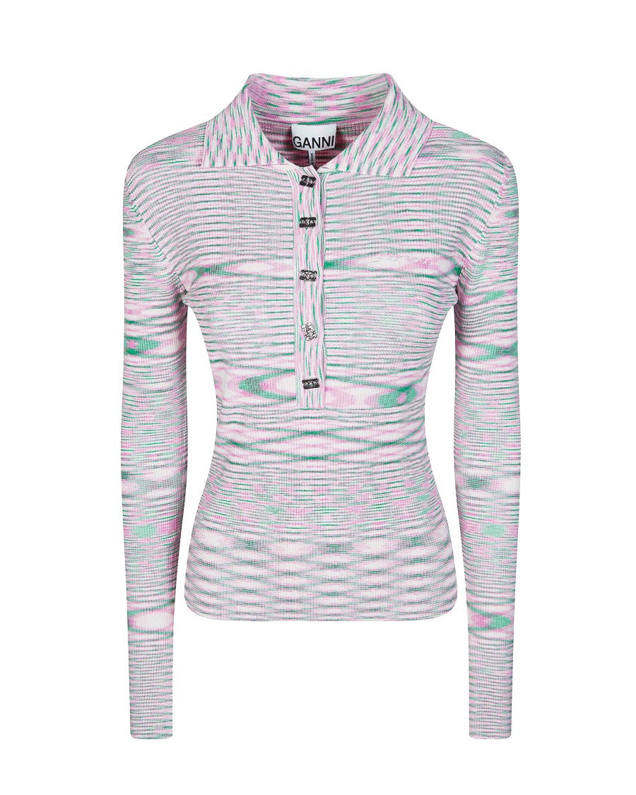 Ganni Space-Dyed Polo Shirt In Chalk Pink
