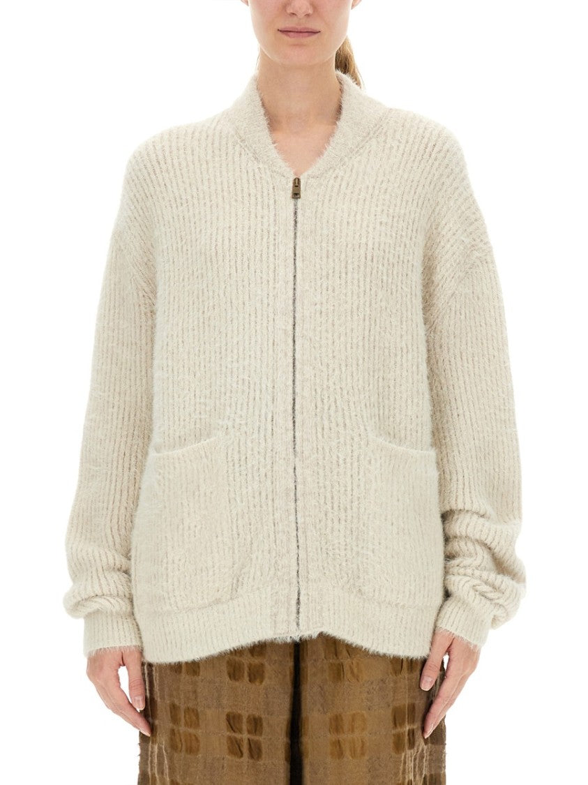 Uma Wang Ribbed Knit Cardigan With Plush Texture And Zipper Closure