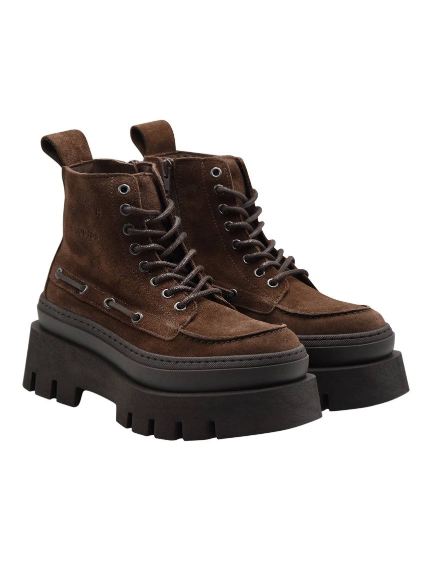 Copenhagen Brown Stivaletto Lace-Up Embossed Ankle Boots