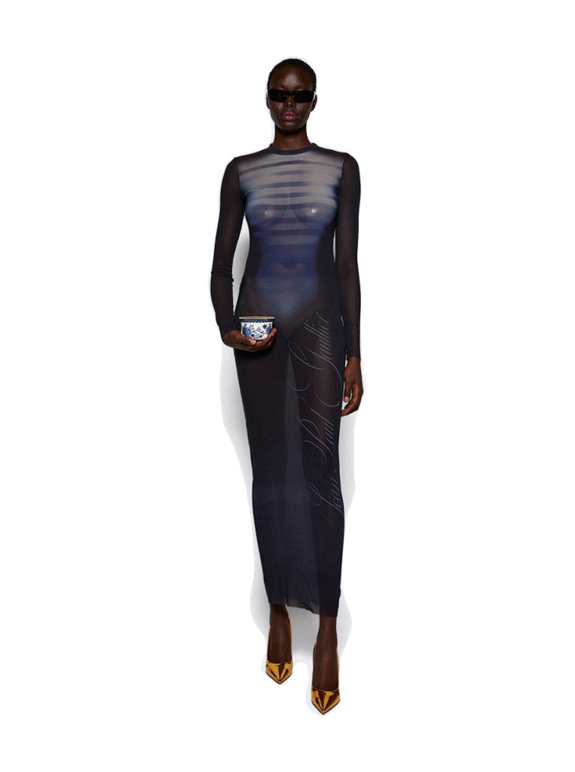 Jean Paul Gaultier Le Male Printed Mesh Crew Neck Long Dress Navy