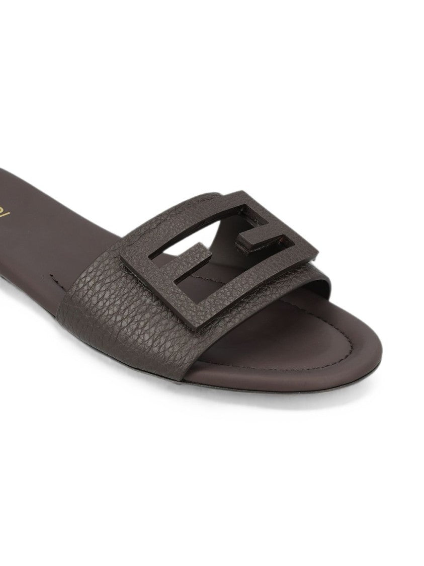 Fendi Tube Brown Pebbled Leather Bold Logo Sandals