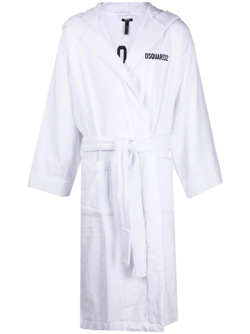 Dsquared2 Hooded Cotton Bathrobe With Bold Lettering