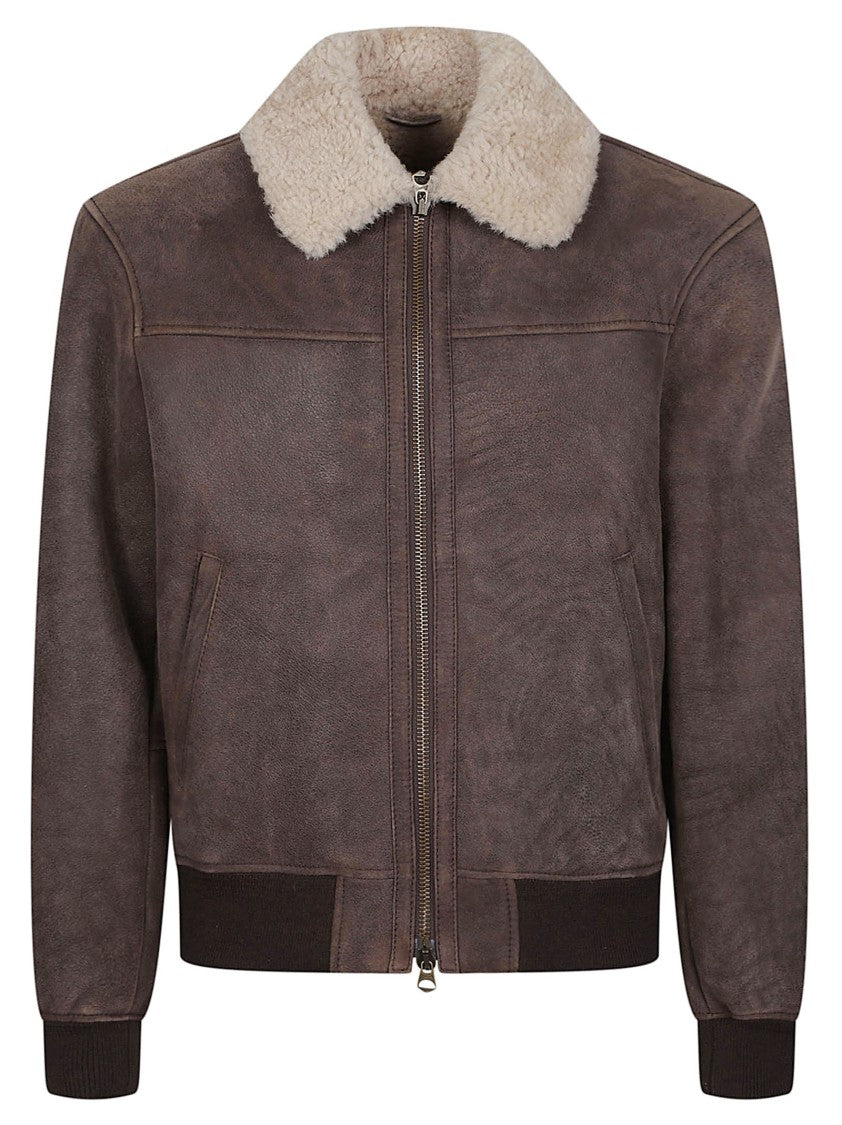 Stewart Sean Brown Leather Shearling Collar Bomber Jacket