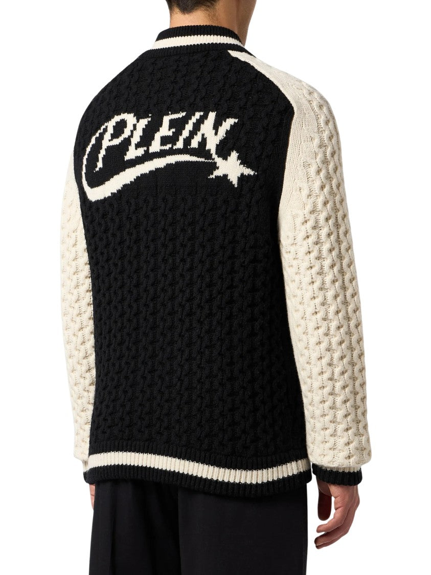 Philipp Plein Wool Blend Knitted Bomber Cable-Knit Wool-Blend Jacket