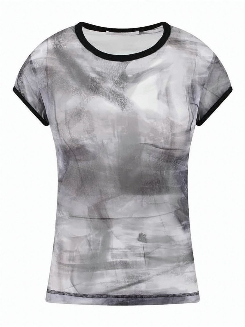 Helmut Lang Semi-Sheer Short-Sleeved Top With Abstract Smoky Pattern