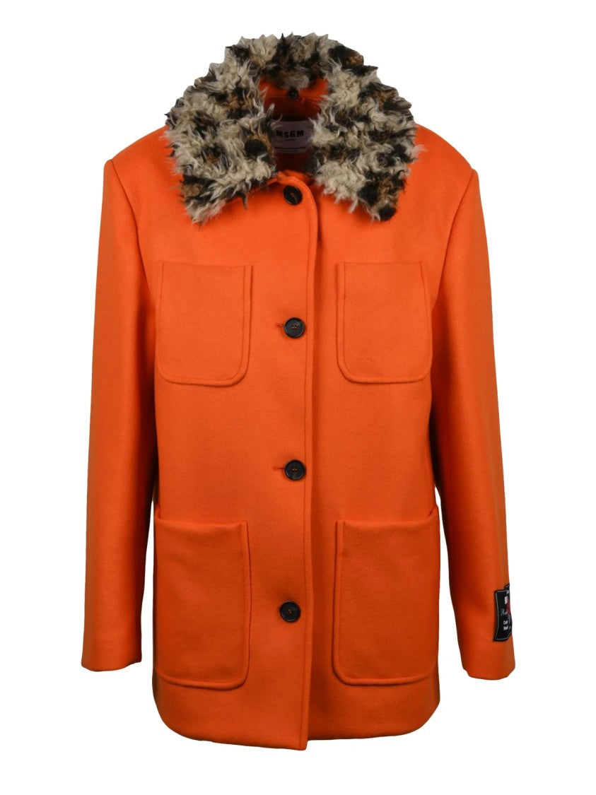 Msgm Long Virgin Wool And Polyamide Coat With Detachable Plush Collar