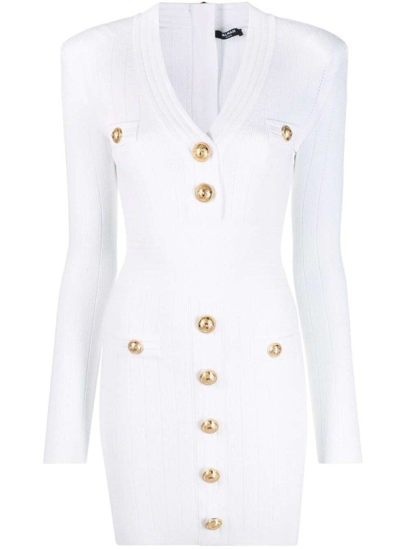 Balmain Button-Embellished Ribbed-Knit Minidress