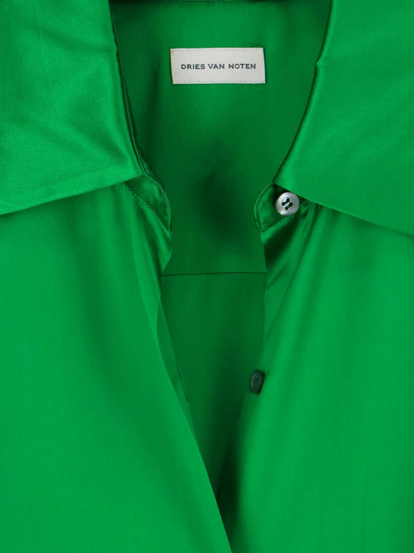 Dries Van Noten Green Classic Collar Silk Shirt Dress