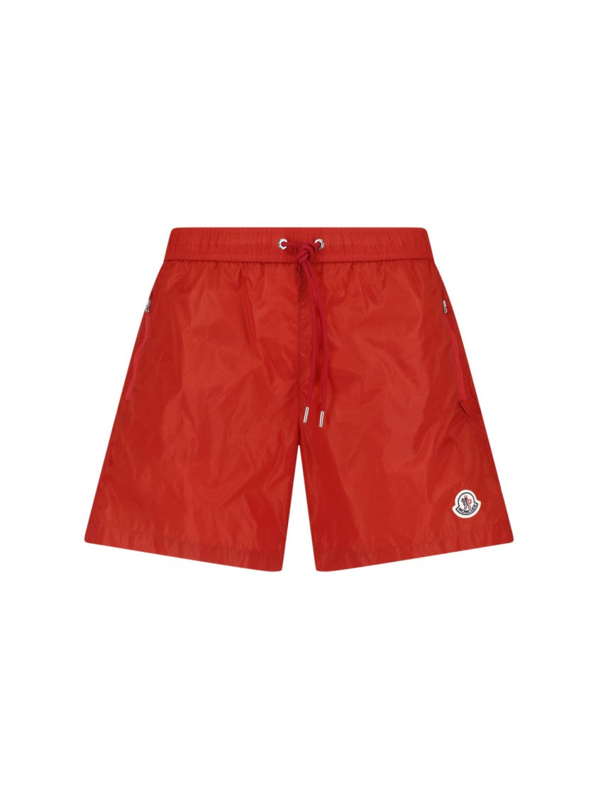Moncler Red Nylon Mid-Rise Zippered Shorts