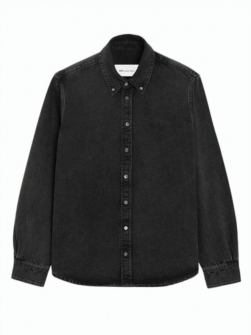 Ami Paris Classic Button-Up Shirt With Vertical Navy Stripes