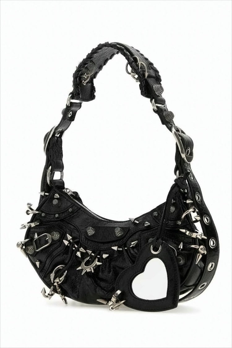 Balenciaga Edgy Black Leather Shoulder Bag With Metal Spikes And Heart Charm
