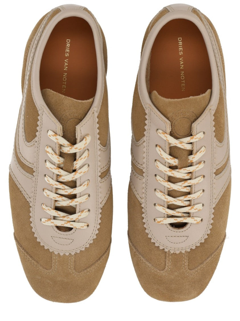 Dries Van Noten Neutrals Low-Profile Scalloped Trim Leather Sneakers