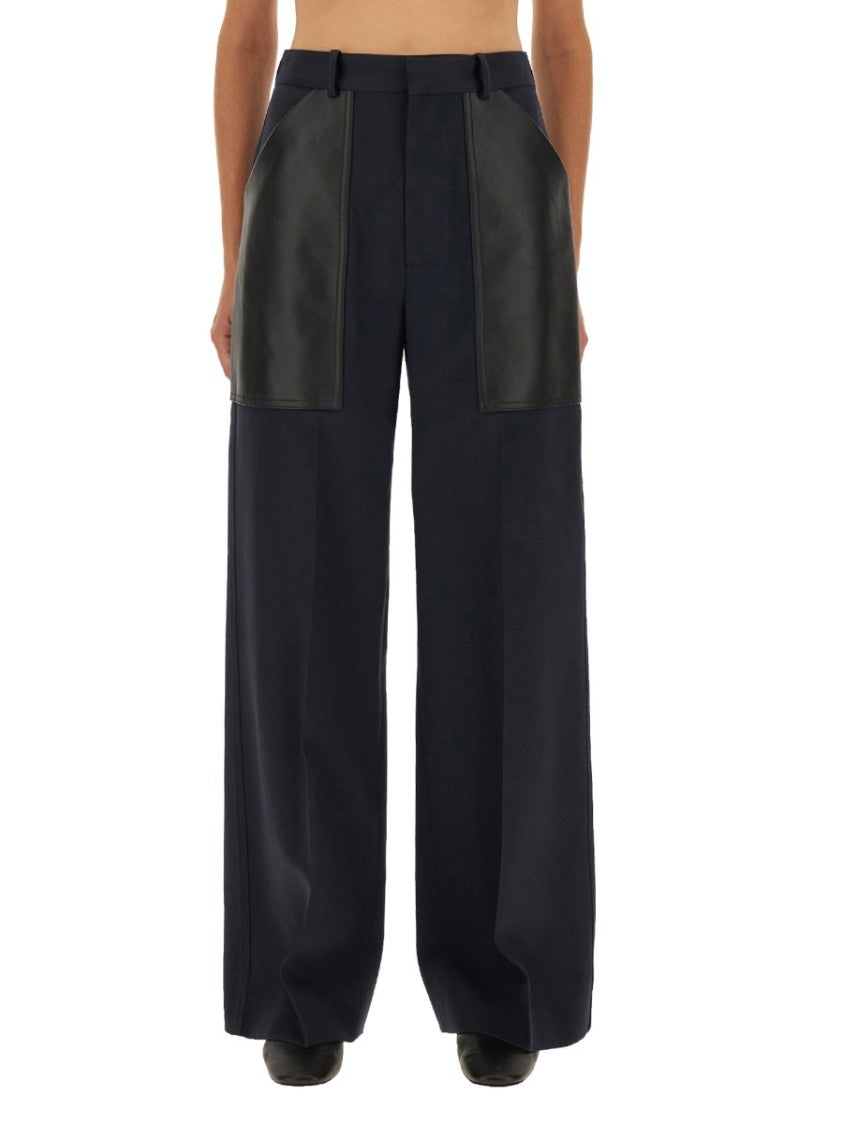 Bottega Veneta Wide-Leg Pants With High Waist And Contrast Leather Pockets
