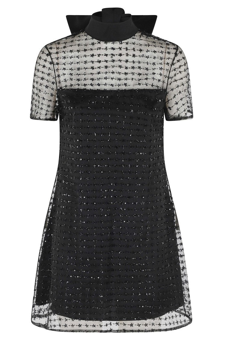 Staud Black Ilana Rhinestone High-Neck Bow Polyester Mini Dress