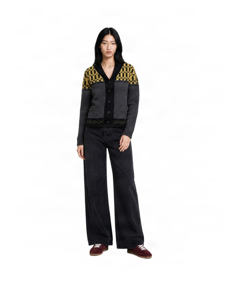 Marni Graphite Intarsia V-Neck Wool Cardigan