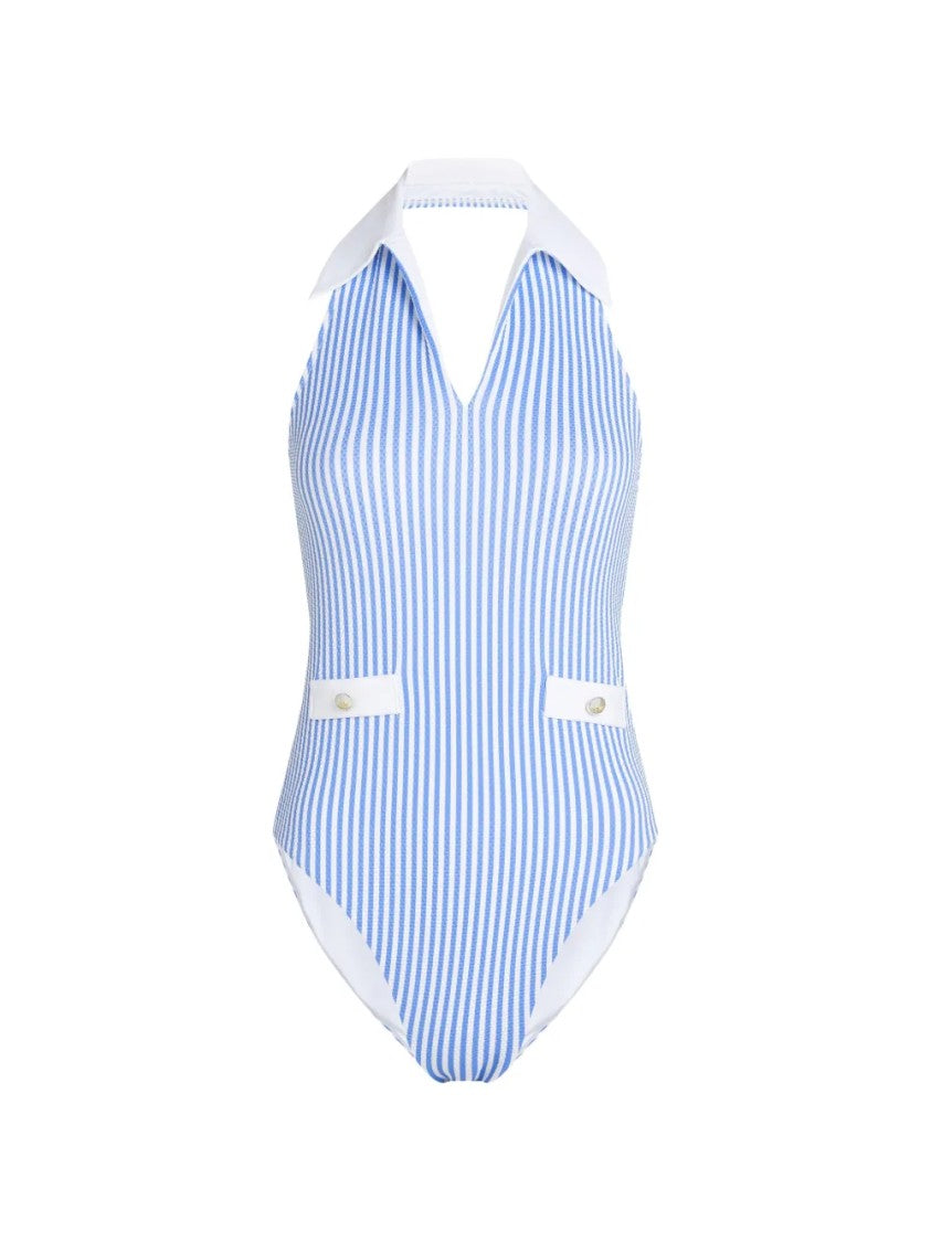Karl Lagerfeld Vertical Striped One-Piece Swimsuit With Collared Detail