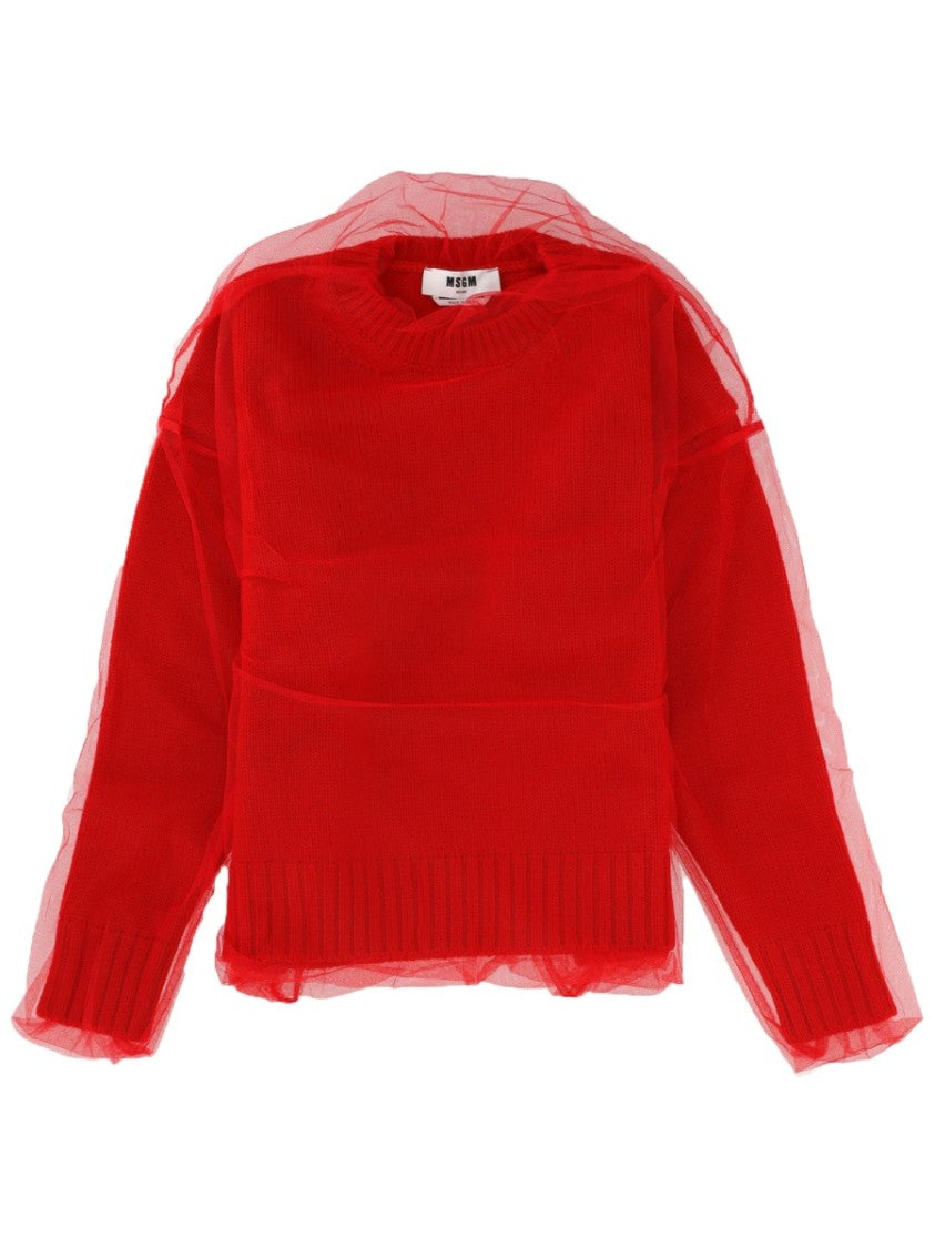 Msgm Red Merino Wool Tulle Sweater
