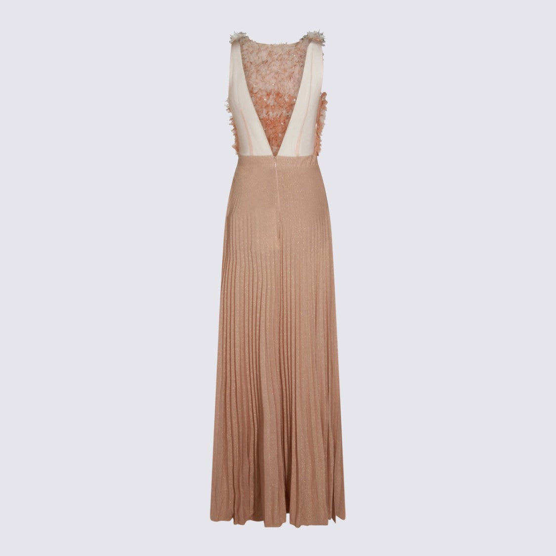 Elisabetta Franchi Maxi Dress With Textured Floral Appliqués And Pleated Skirt