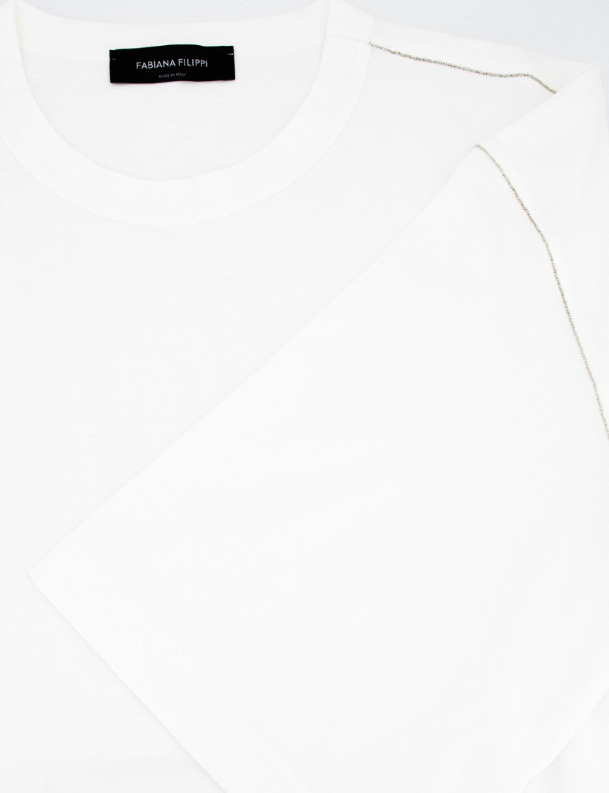 Fabiana Filippi White Cotton Jersey T-Shirt With Diamond Thread Embroidery