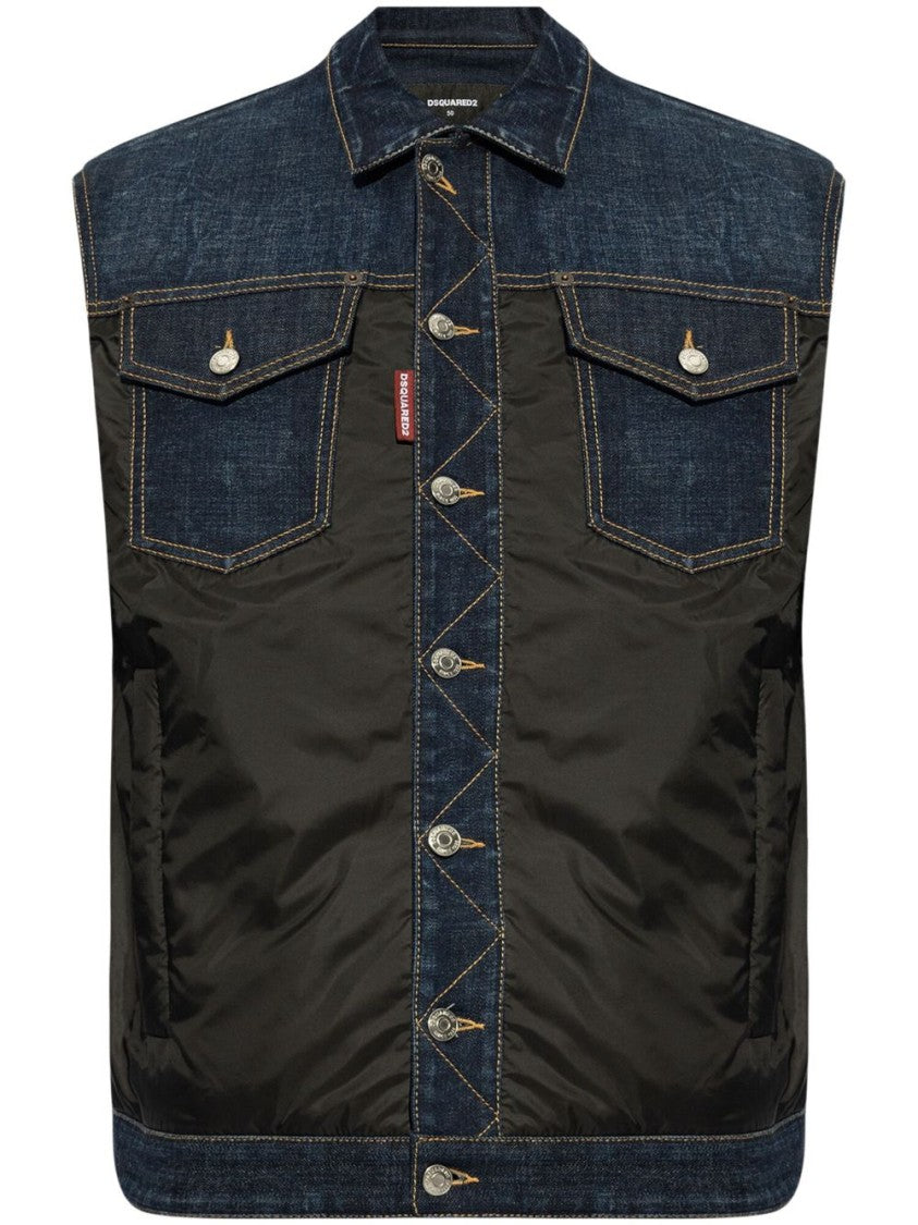 Dsquared2 Sleeveless Denim Jacket With Contrasting Fabric And Chest Pockets
