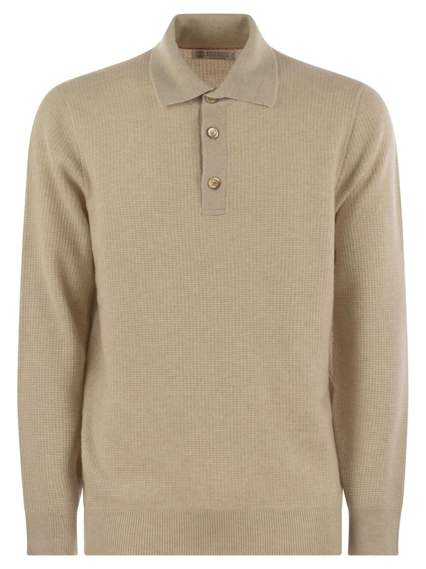 Brunello Cucinelli Waffle Stitch Cashmere Knit Polo Shirt