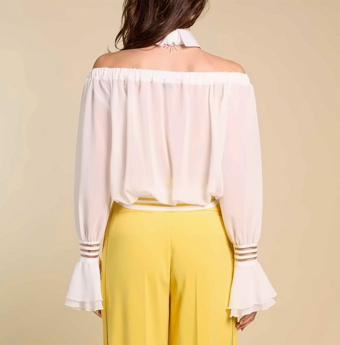 Elisabetta Franchi Ivory Off Shoulder Sash Shirt