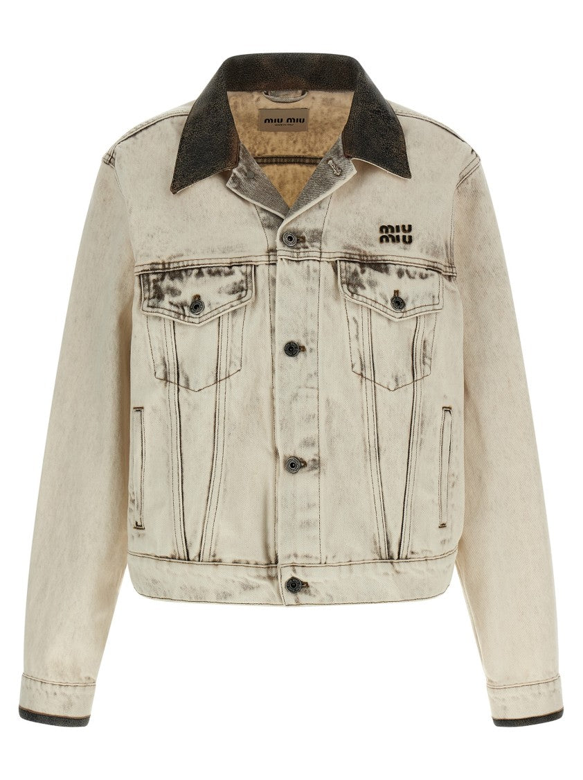 Miu Miu Stone Washed Denim Jacket With Craquelé Leather Accents