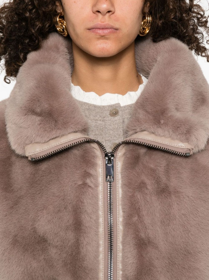 Pinko Beige Faux Fur Vest With High Collar