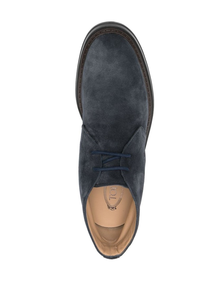 Tod's Almond Toe Front Lace-Up Flat Shoes In Midnight Blue Suede