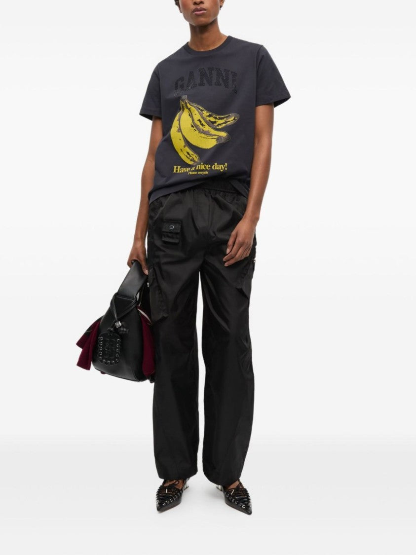 Ganni Black Cotton T-Shirt With Banana Graphic Print
