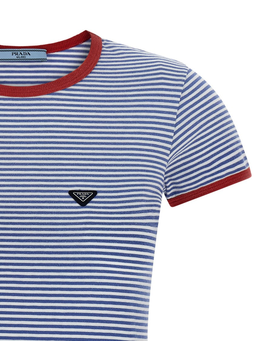 Prada Two-Tone Striped Cotton Jersey T-Shirt With Logo Patch