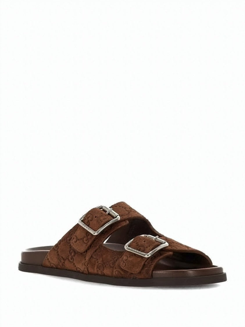 Gucci Suede Slide Sandals With Adjustable Silver Buckles