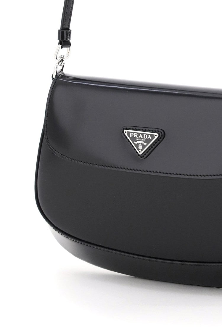Prada Curved Black Cow Leather Shoulder Bag With Triangular Logo Plaque
