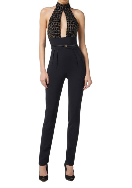 Elisabetta Franchi Tulle And Crepe Jumpsuit With Coconut Embroidery