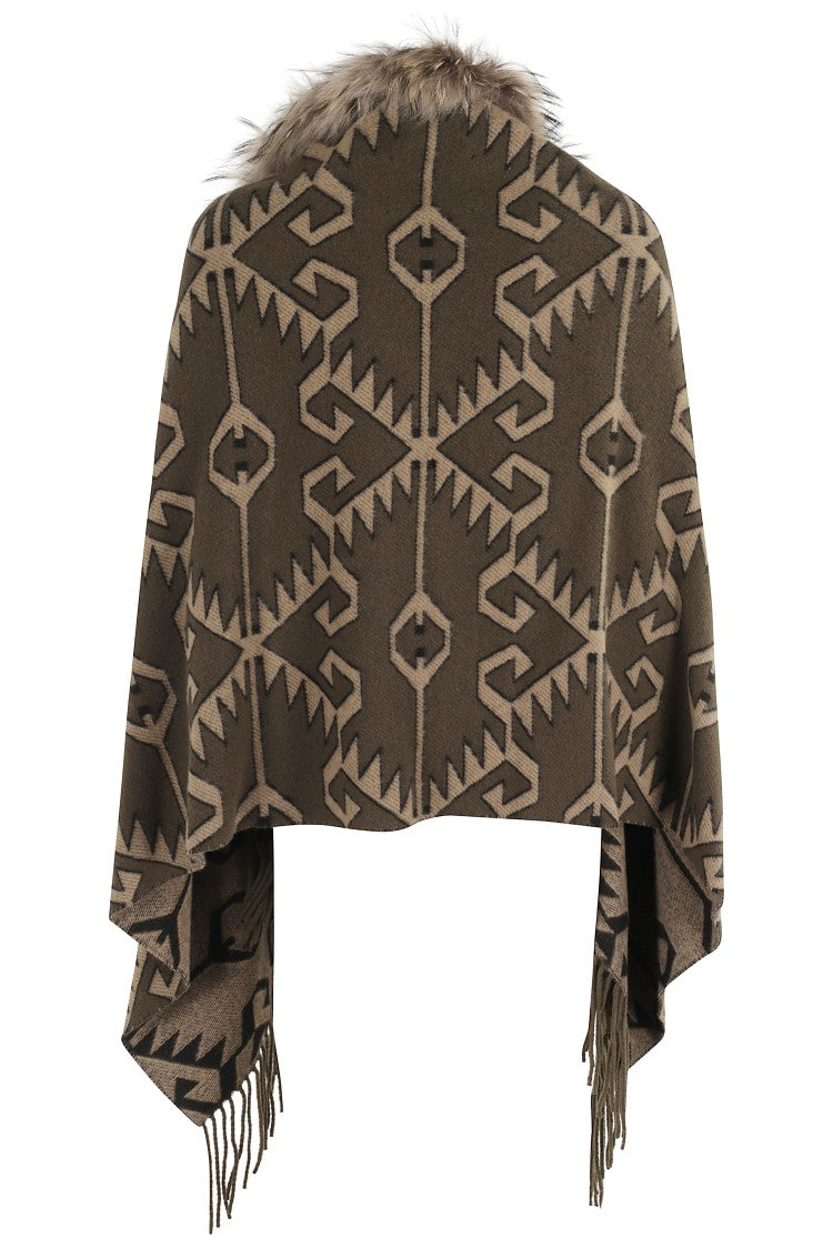 Bazar Deluxe Printed Wool Poncho With Eco Fur Neckline